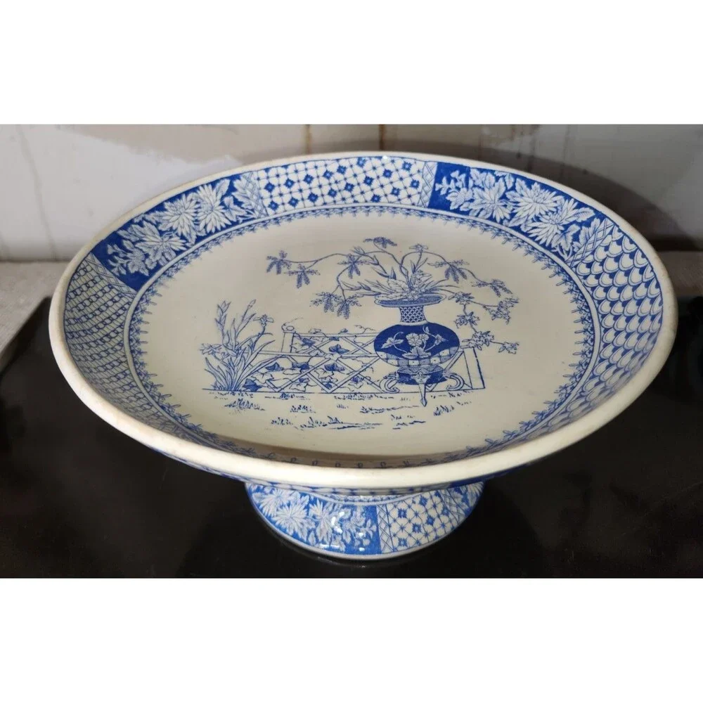 Antique Copeland Compote KEW Pattern Tazza W T & SONS Comport Floral Blue White